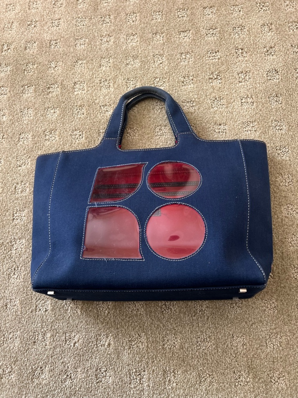 Kate Spade Navy Canvas Tote with Red Window Accents